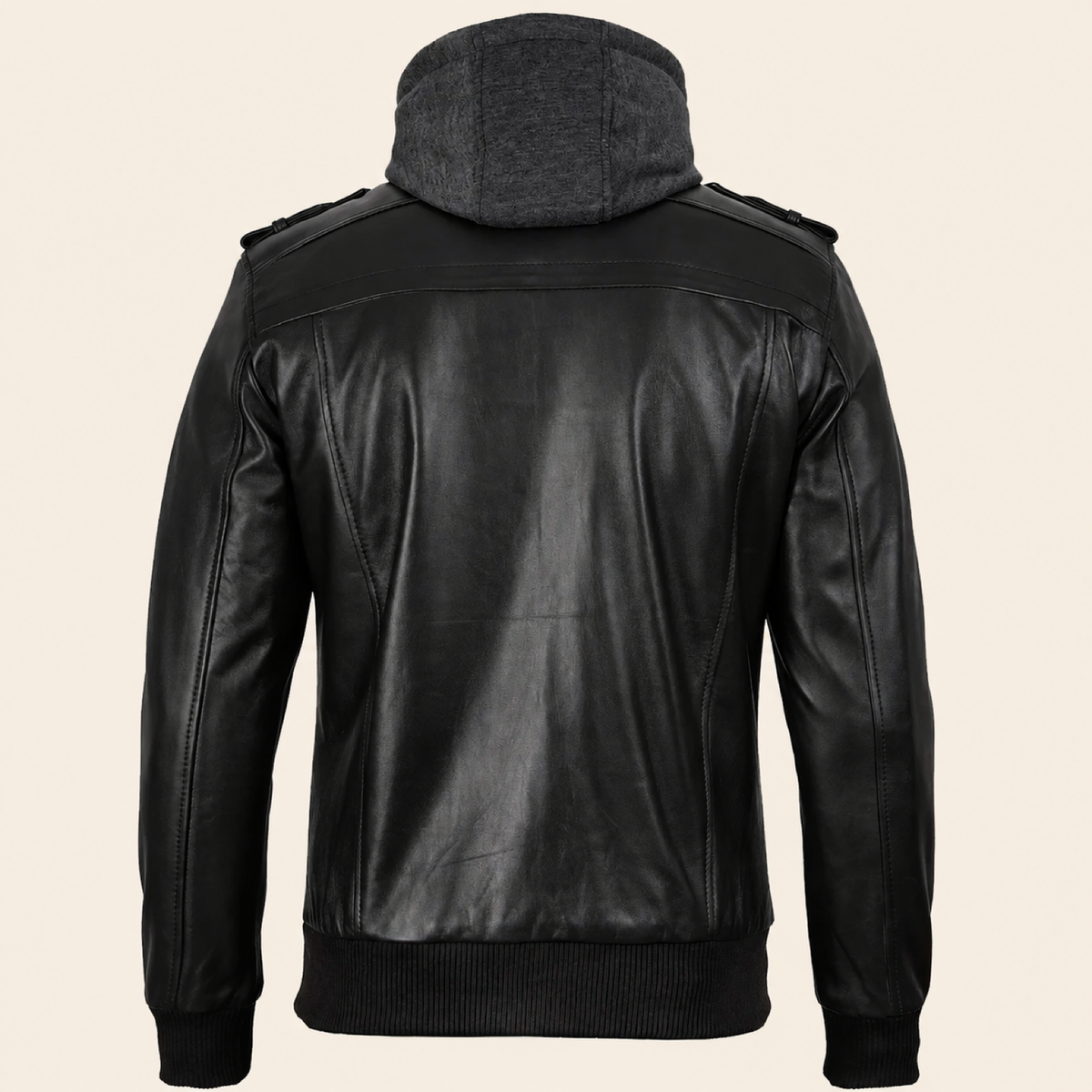 Men's Black and Charcoal-Grey Removable-Hood Lambskin Bomber Jacket - product back view by MOTOGRIP GEAR