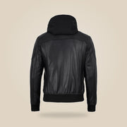 Men's Black Real Leather Bomber Jacket With Detachable Hood - product back view by MOTOGRIP GEAR