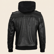 Men's Black Removable-Hood Lambskin Leather Jacket - product back view by MOTOGRIP GEAR