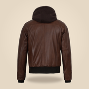 Men's Cognac Wax Removable-Hood Lambskin Leather Bomber Jacket - product back view by MOTOGRIP GEAR