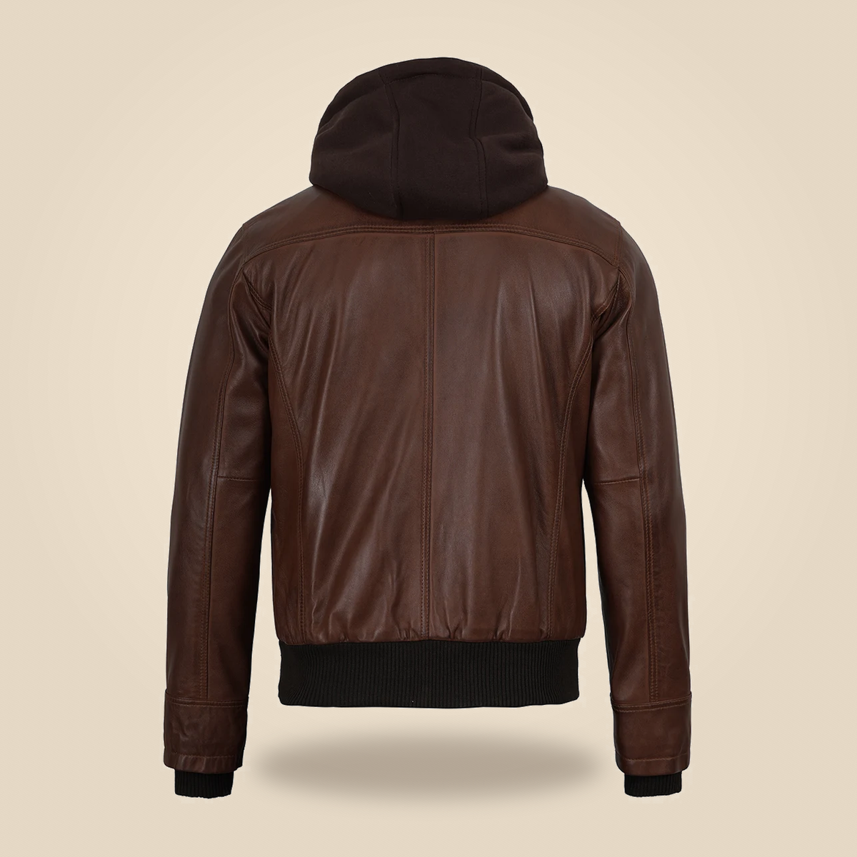 Men's Cognac Wax Removable-Hood Lambskin Leather Bomber Jacket - product back view by MOTOGRIP GEAR