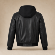 Men's Black Quilted-Shoulder Removable-Hood Lambskin Bomber Jacket - product back view by MOTOGRIP GEAR