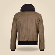 Men's Camel Wax Removable-Hood Lambskin Leather Bomber Jacket - product back view by MOTOGRIP GEAR