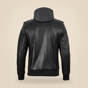 Men's Black Lambskin Leather Bomber Jacket With Removable Grey Hood - product back view by MOTOGRIP GEAR