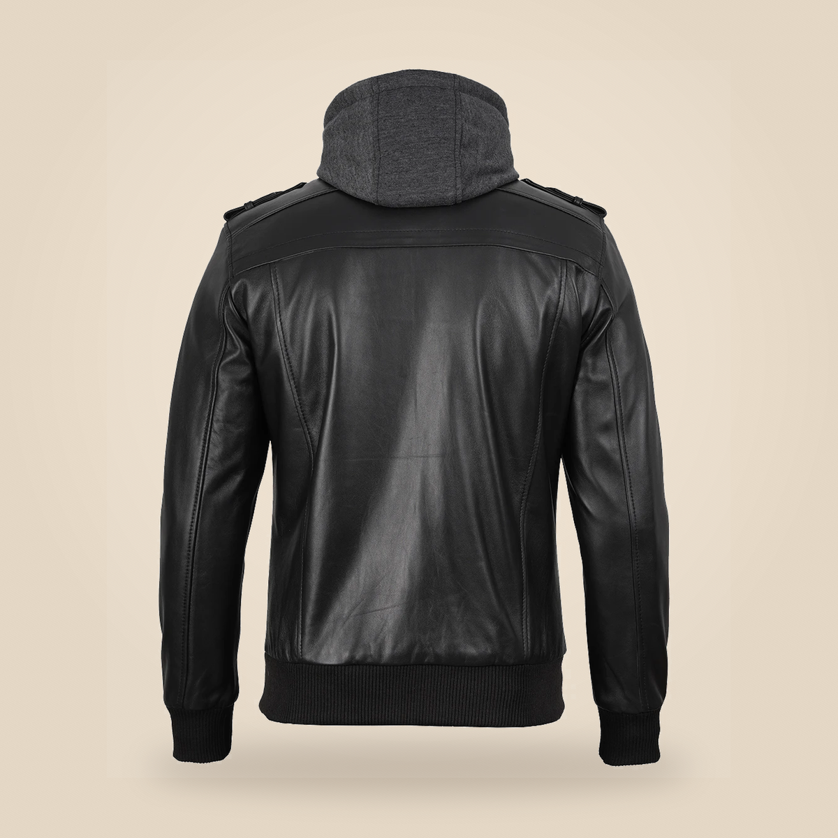 Men's Black Lambskin Leather Bomber Jacket With Removable Grey Hood - product back view by MOTOGRIP GEAR