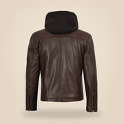 Men's Dark Brown Hand-Waxed Lambskin Hooded Leather Jacket - product back view by MOTOGRIP GEAR