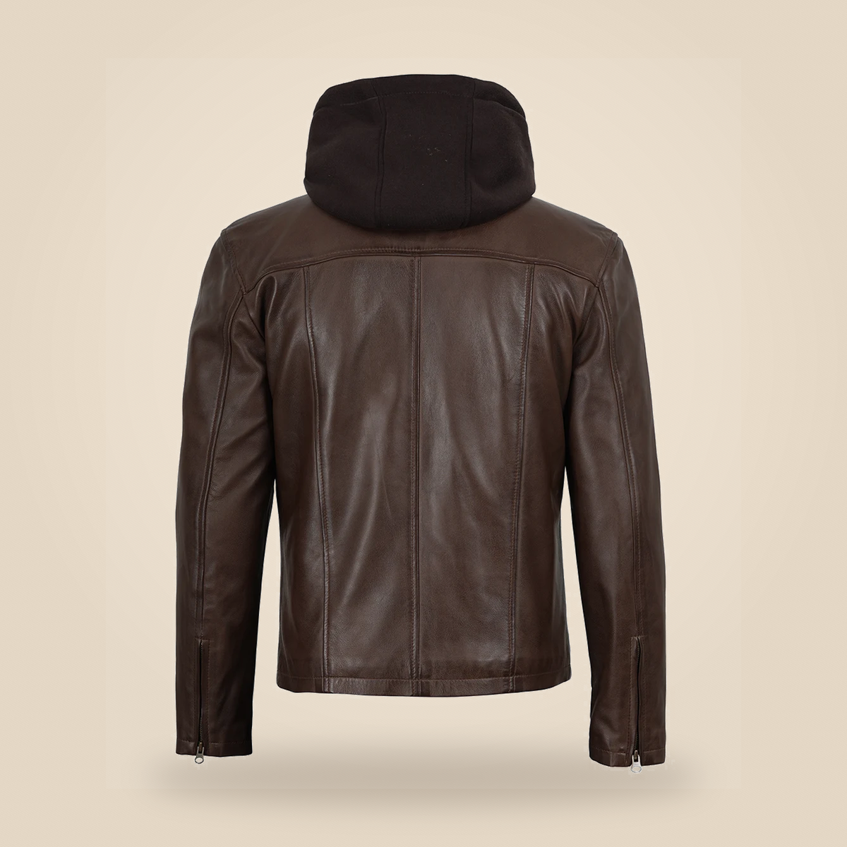Men's Dark Brown Hand-Waxed Lambskin Hooded Leather Jacket - product back view by MOTOGRIP GEAR