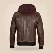 Men's Dark Brown Lambskin Bomber Jacket With Removable Burgundy Hood - product back view by MOTOGRIP GEAR