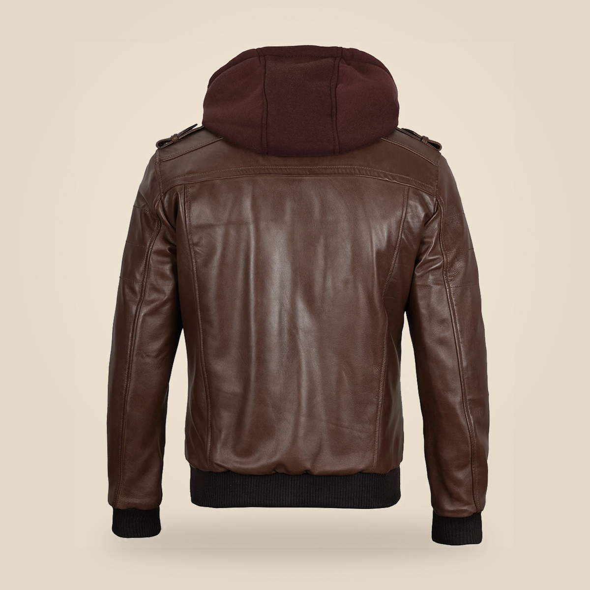 Men's Dark Brown Lambskin Bomber Jacket With Removable Burgundy Hood - product back view by MOTOGRIP GEAR