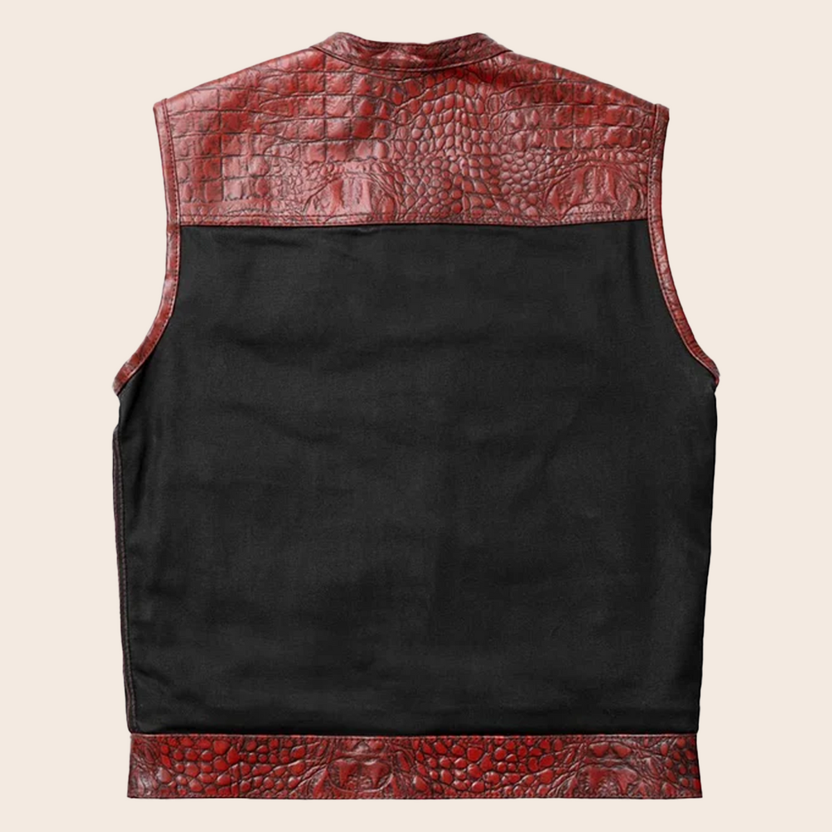 Men's Crocodile-Embossed Leather & Denim Motorcycle Vest - product back view by MOTOGRIP GEAR