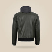 Men's Olive Green Real Leather Jacket With Removable Hood - product back view by MOTOGRIP GEAR
