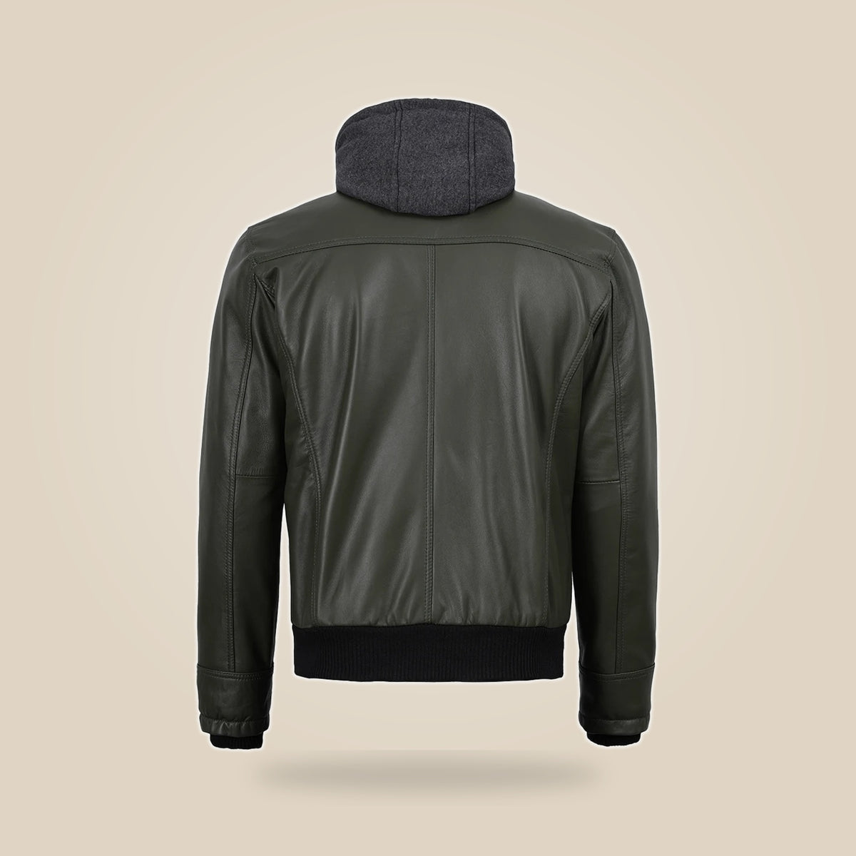 Men's Olive Green Real Leather Jacket With Removable Hood - product back view by MOTOGRIP GEAR
