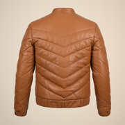 Men's Tan Brown Chevron Quilted Sheepskin Leather Puffer Jacket - product back view by MOTOGRIP GEAR