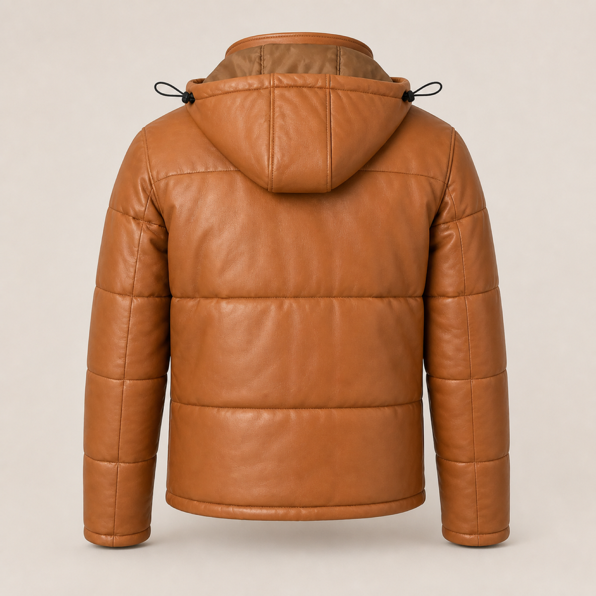 Men's Semi-Aniline Sheepskin Leather Hooded Puffer Jacket - tan product back view by MOTOGRIP GEAR