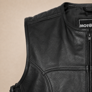 Men's Black SWAT Cowhide Leather Motorcycle Vest - black swat leather vest close up view by MOTOGRIP GEAR