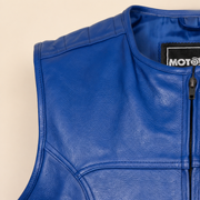 Men's Blue SWAT Cowhide Leather Motorcycle Vest - blue swat leather vest close up view by MOTOGRIP GEAR