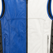 Men's Blue & White Lace-Side Cowhide Leather Motorcycle Vest - blue white lace cowhide vest close up view by MOTOGRIP GEAR
