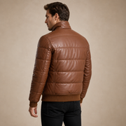 Men's Semi-Aniline Sheepskin Leather Puffer Bomber Jacket - brown model tilted back view by MOTOGRIP GEAR