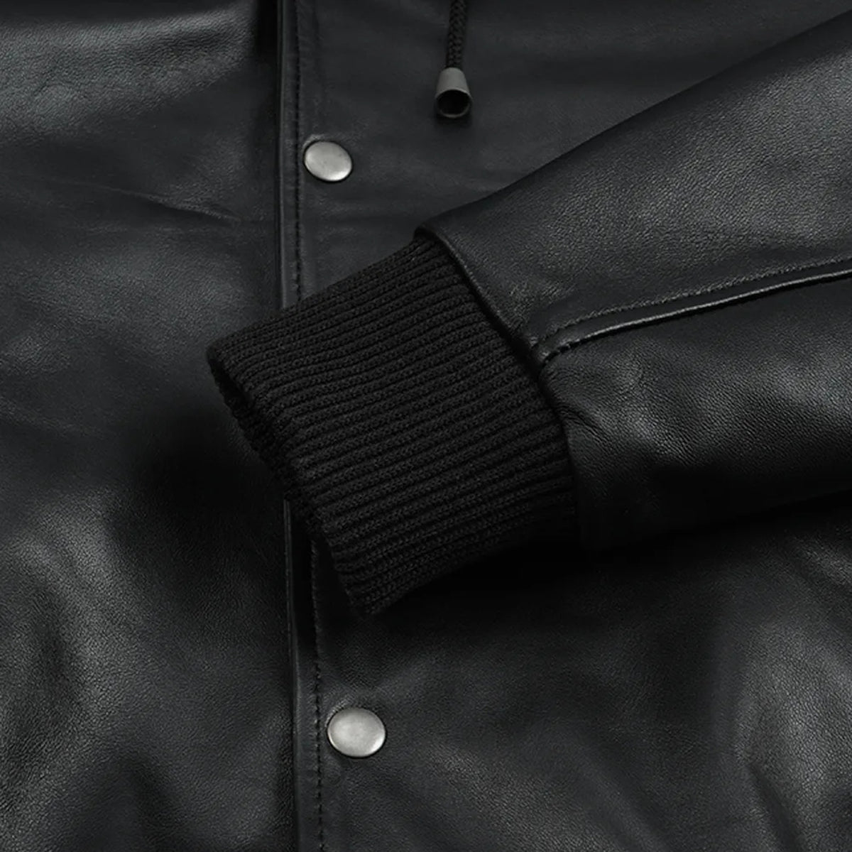 Men's Black Leather Varsity Jacket With Hood - close up view by MOTOGRIP GEAR