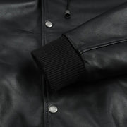 Men's Black Leather Varsity Jacket With Hood - close up view by MOTOGRIP GEAR