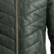 Men's Deep Green Chevron Quilted Sheepskin Leather Puffer Jacket - close up view by MOTOGRIP GEAR