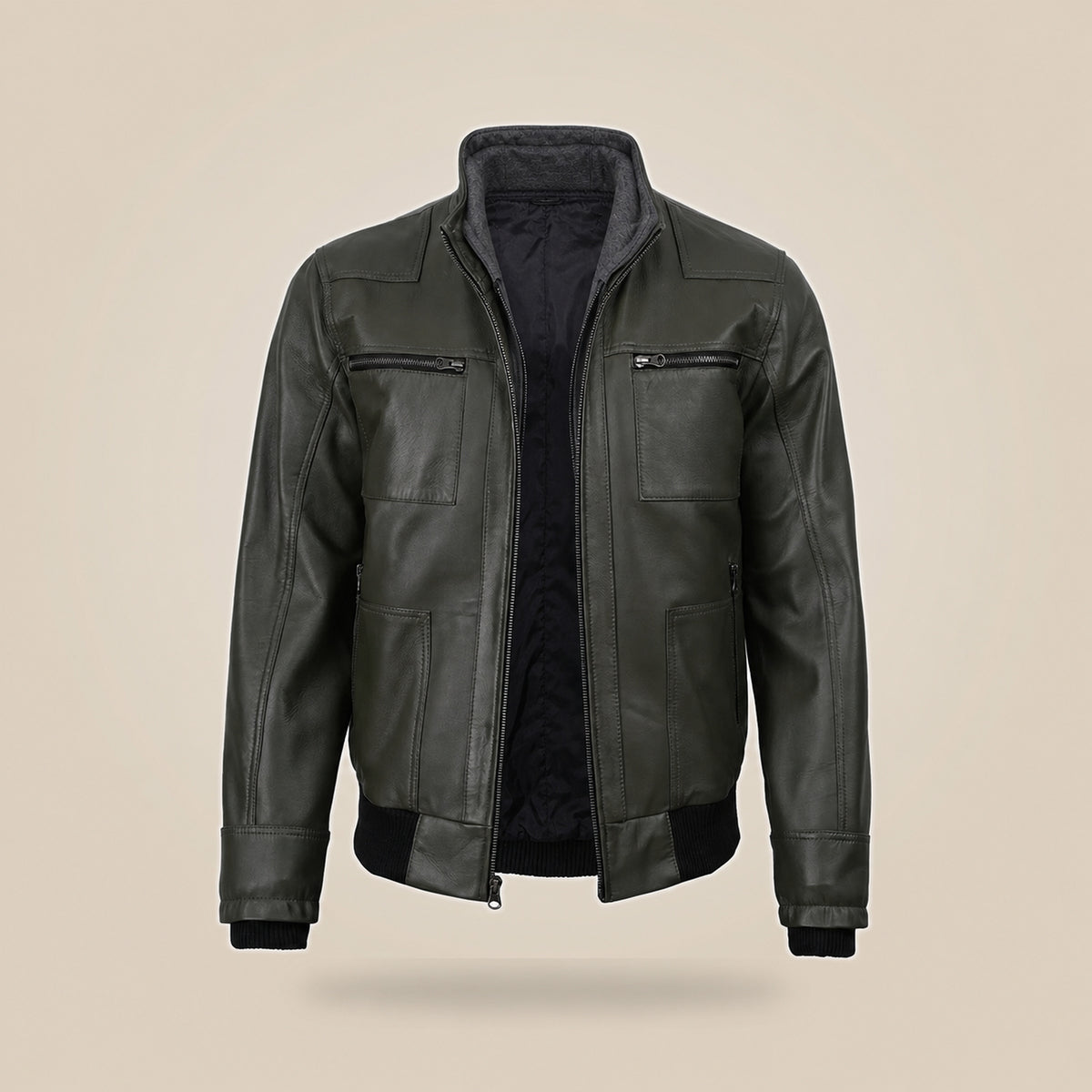 Men's Olive Green Real Leather Jacket With Removable Hood - close up view by MOTOGRIP GEAR