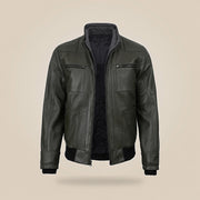 Men's Olive Green Real Leather Jacket With Removable Hood - close up view by MOTOGRIP GEAR