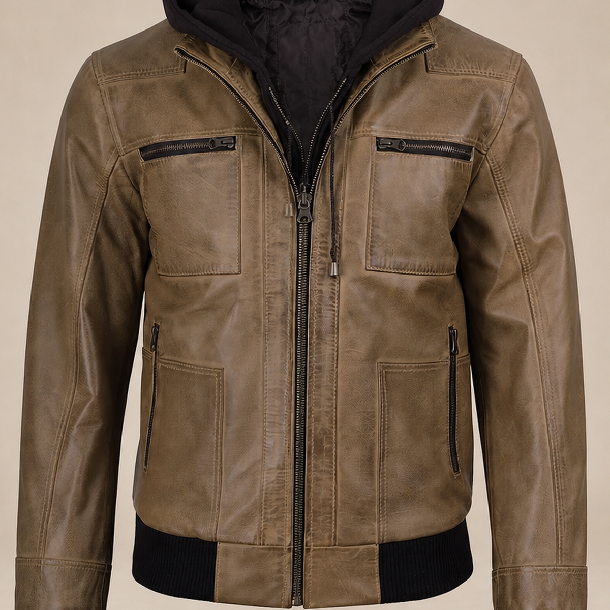 Men's Camel Wax Removable-Hood Lambskin Leather Bomber Jacket - close up view by MOTOGRIP GEAR