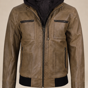 Men's Camel Wax Removable-Hood Lambskin Leather Bomber Jacket - close up view by MOTOGRIP GEAR