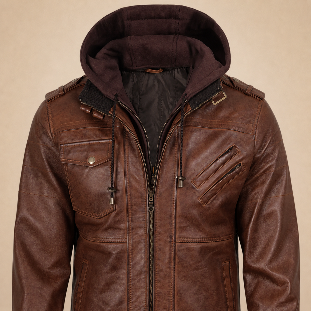Men's Cognac Brown Removable-Hood Lambskin Leather Bomber Jacket - close up view by MOTOGRIP GEAR