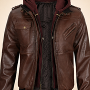 Men's Tall Dark Brown Lambskin Hooded Bomber Jacket - close up view by MOTOGRIP GEAR