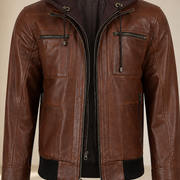 Men's Cognac Wax Removable-Hood Lambskin Leather Bomber Jacket - close up view by MOTOGRIP GEAR