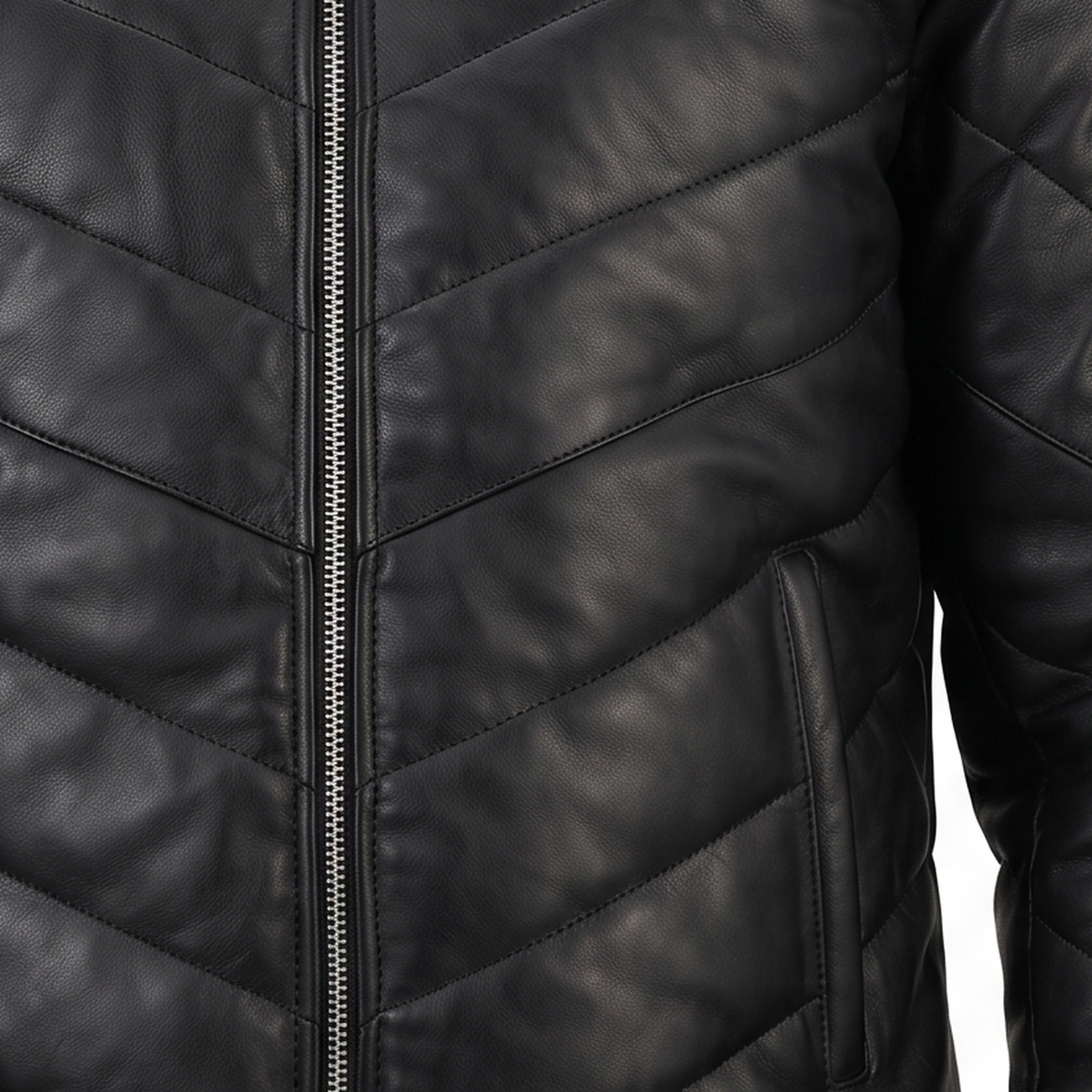 Men's Black Chevron Quilted Sheepskin Leather Puffer Jacket - close up view by MOTOGRIP GEAR