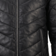 Men's Black Chevron Quilted Sheepskin Leather Puffer Jacket - close up view by MOTOGRIP GEAR