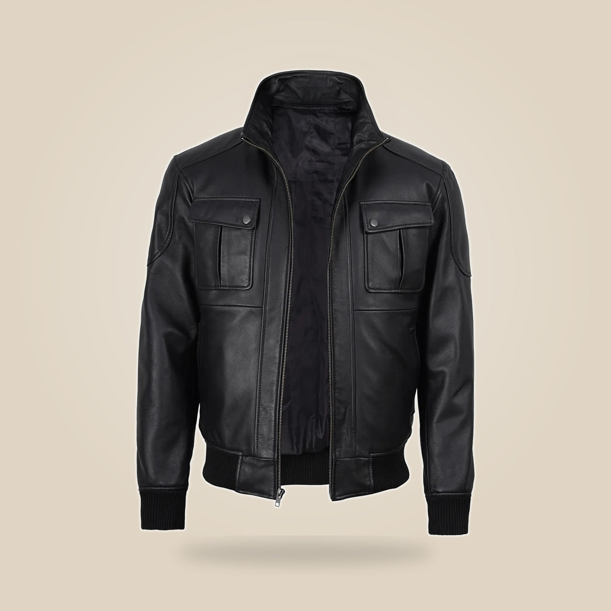 Men's Black Real Leather Bomber Jacket With Detachable Hood - close up view by MOTOGRIP GEAR