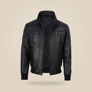 Men's Black Real Leather Bomber Jacket With Detachable Hood - close up view by MOTOGRIP GEAR