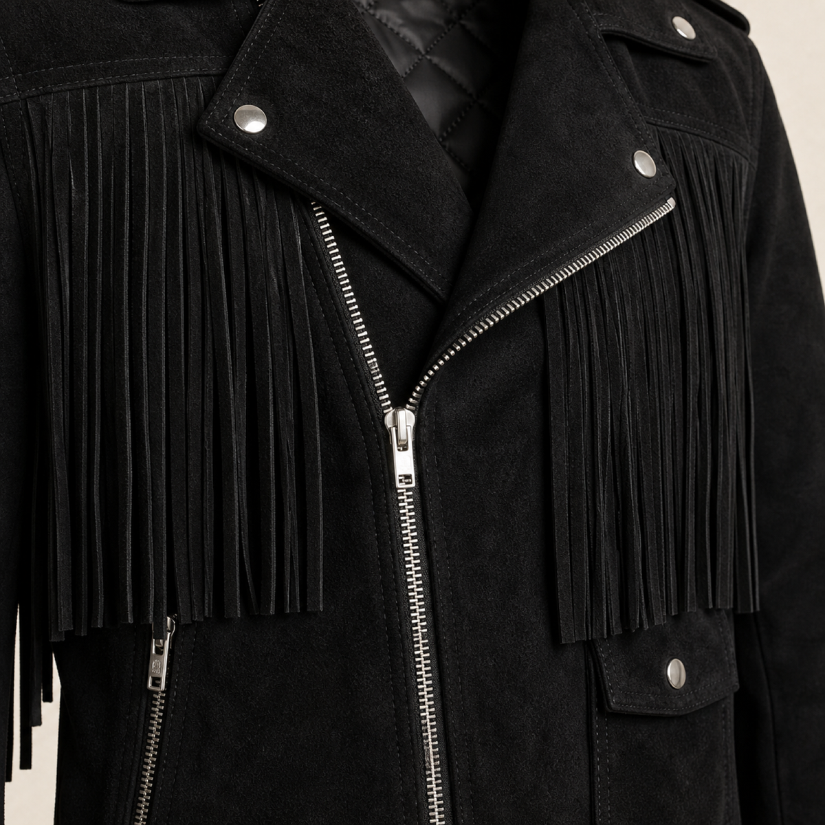 Men's Suede Fringe Biker Jacket - mens black suede fringe biker jacket close up view by MOTOGRIP GEAR