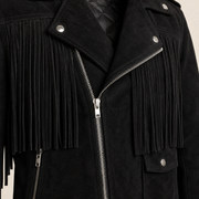 Men's Suede Fringe Biker Jacket - mens black suede fringe biker jacket close up view by MOTOGRIP GEAR