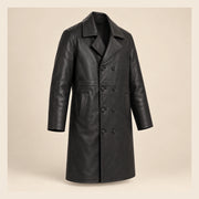 MOTOGRIP Ashvale men's Black Sheepskin Leather Trench Coat, three-quarter view.