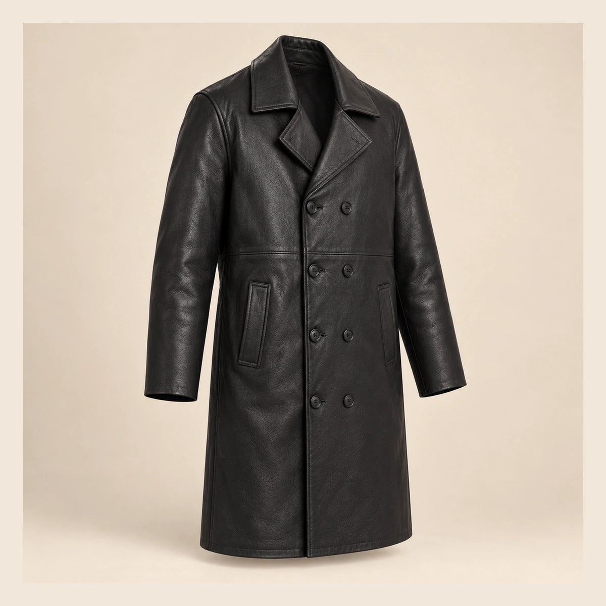 MOTOGRIP Ashvale men's Black Sheepskin Leather Trench Coat, three-quarter view.