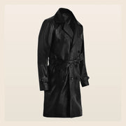 MOTOGRIP Bramwell men's 1970s Black Leather Trench Coat, three-quarter view.