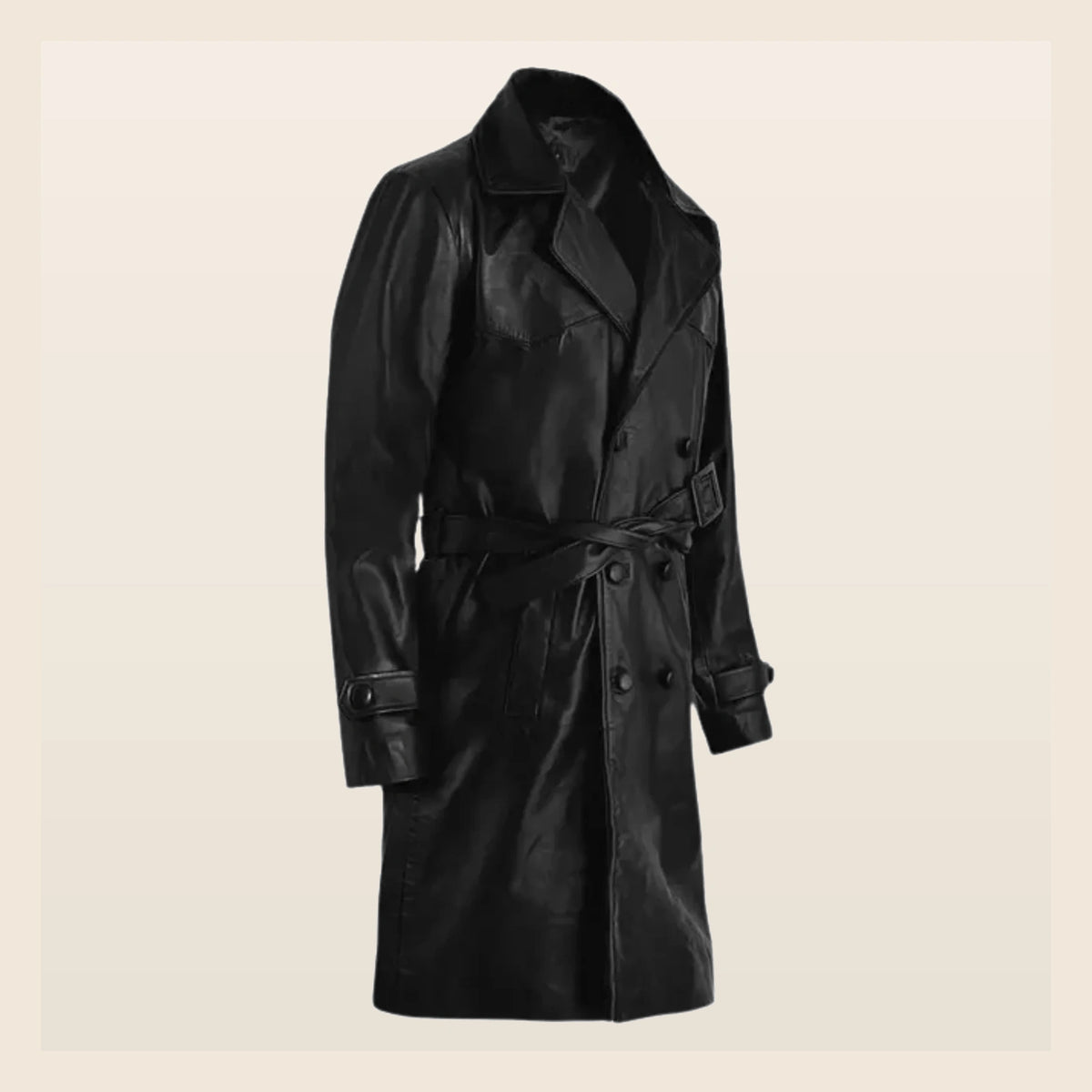 MOTOGRIP Bramwell men's 1970s Black Leather Trench Coat, three-quarter view.