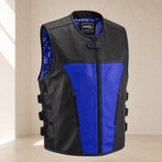 Men's Black & Blue Perforated Leather Motorcycle Vest - motogrip mens black blue perforated leather motorcycle vest side angl
