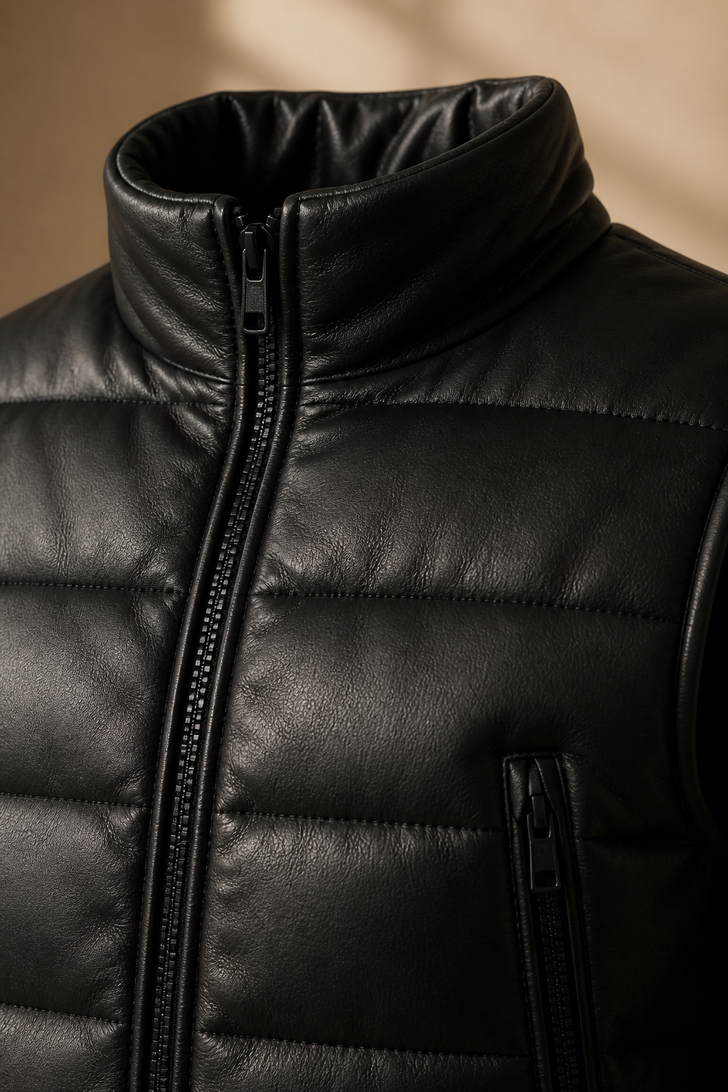 Men's Black Quilted Lambskin Leather Puffer Vest - motogrip mens black lambskin leather puffer vest detail view by MOTOGRIP G
