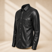 Men's Black Lambskin Leather Biker Shirt - motogrip mens black lambskin leather shirt side view by MOTOGRIP GEAR