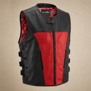 Men's Black & Red Perforated Leather Motorcycle Vest - motogrip mens black red perforated leather motorcycle vest side angle