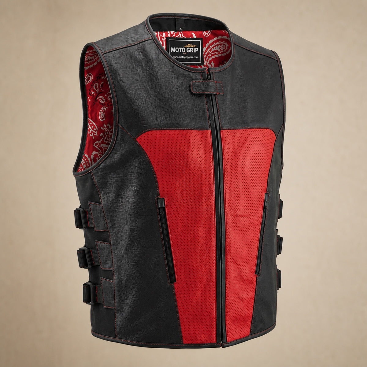Men's Black & Red Perforated Leather Motorcycle Vest - motogrip mens black red perforated leather motorcycle vest side angle