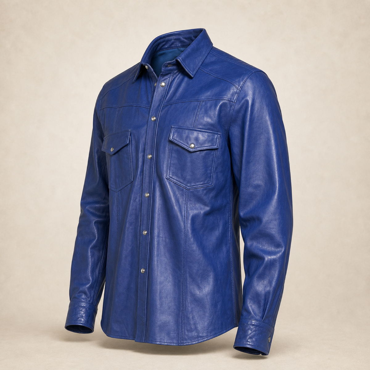Men's Blue Lambskin Leather Biker Shirt - motogrip mens blue lambskin leather shirt side view by MOTOGRIP GEAR
