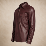 Men's Burgundy Lambskin Leather Biker Shirt - motogrip mens burgundy lambskin leather shirt side view by MOTOGRIP GEAR