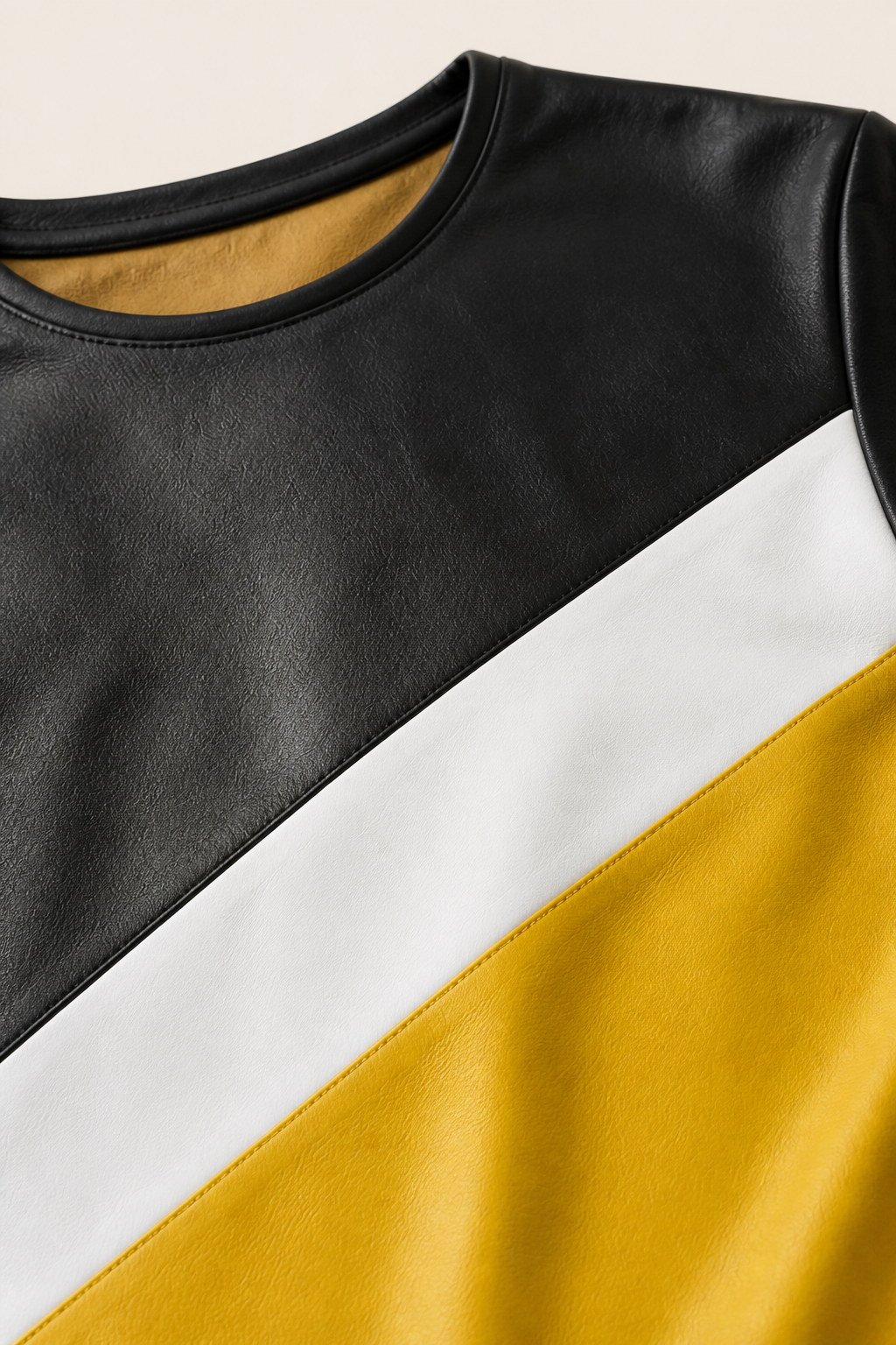 Close-up of the lambskin panels and stitching on a MOTOGRIP color-block leather T-shirt